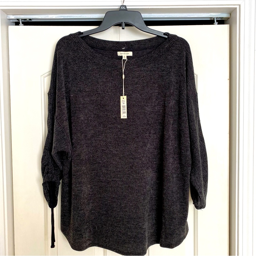 MAX Studio Grey Ribbed 3/4 Sleeve Top